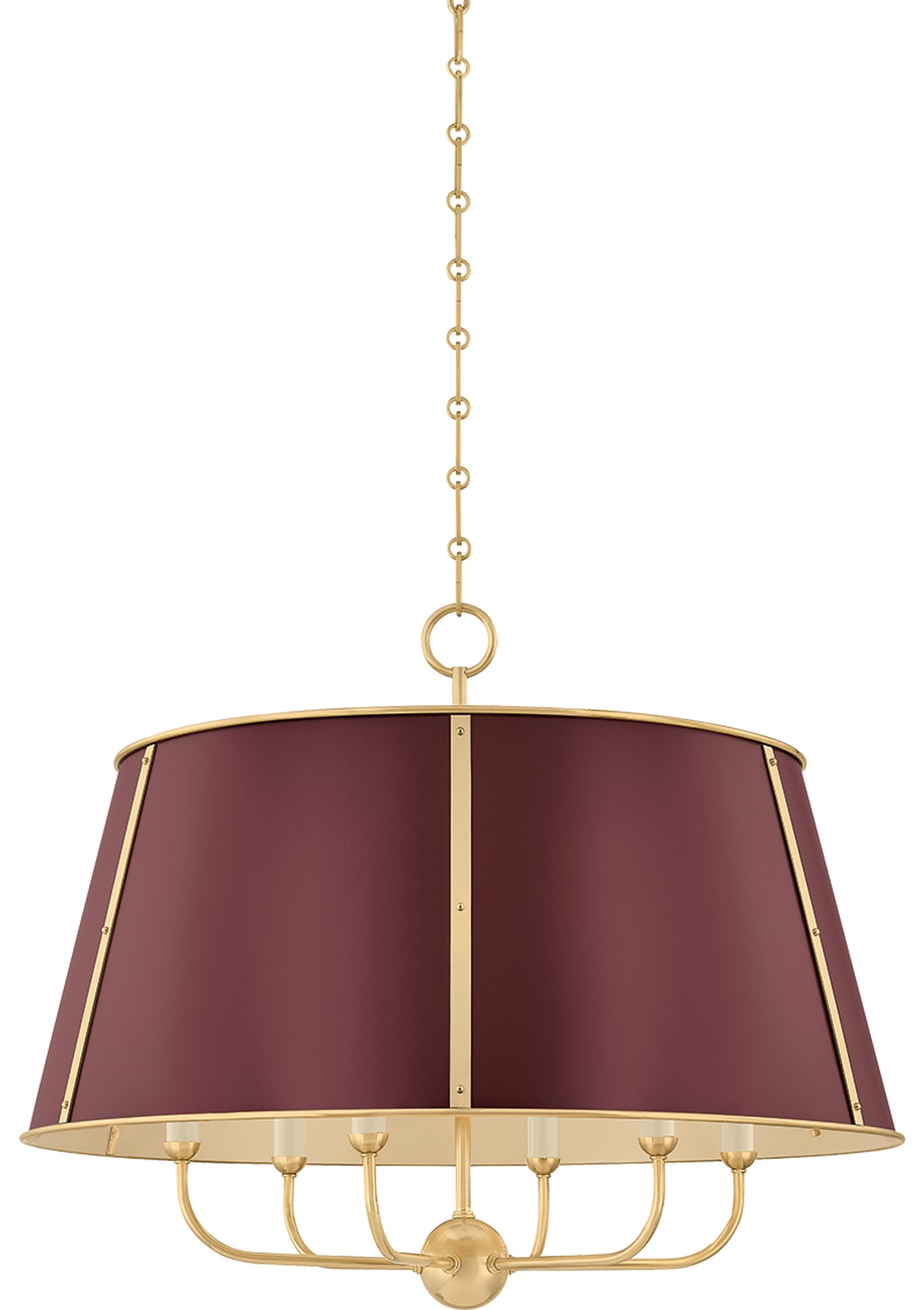 Cambridge Chandelier – Aged Brass / Soft Crimson, 28.5" W