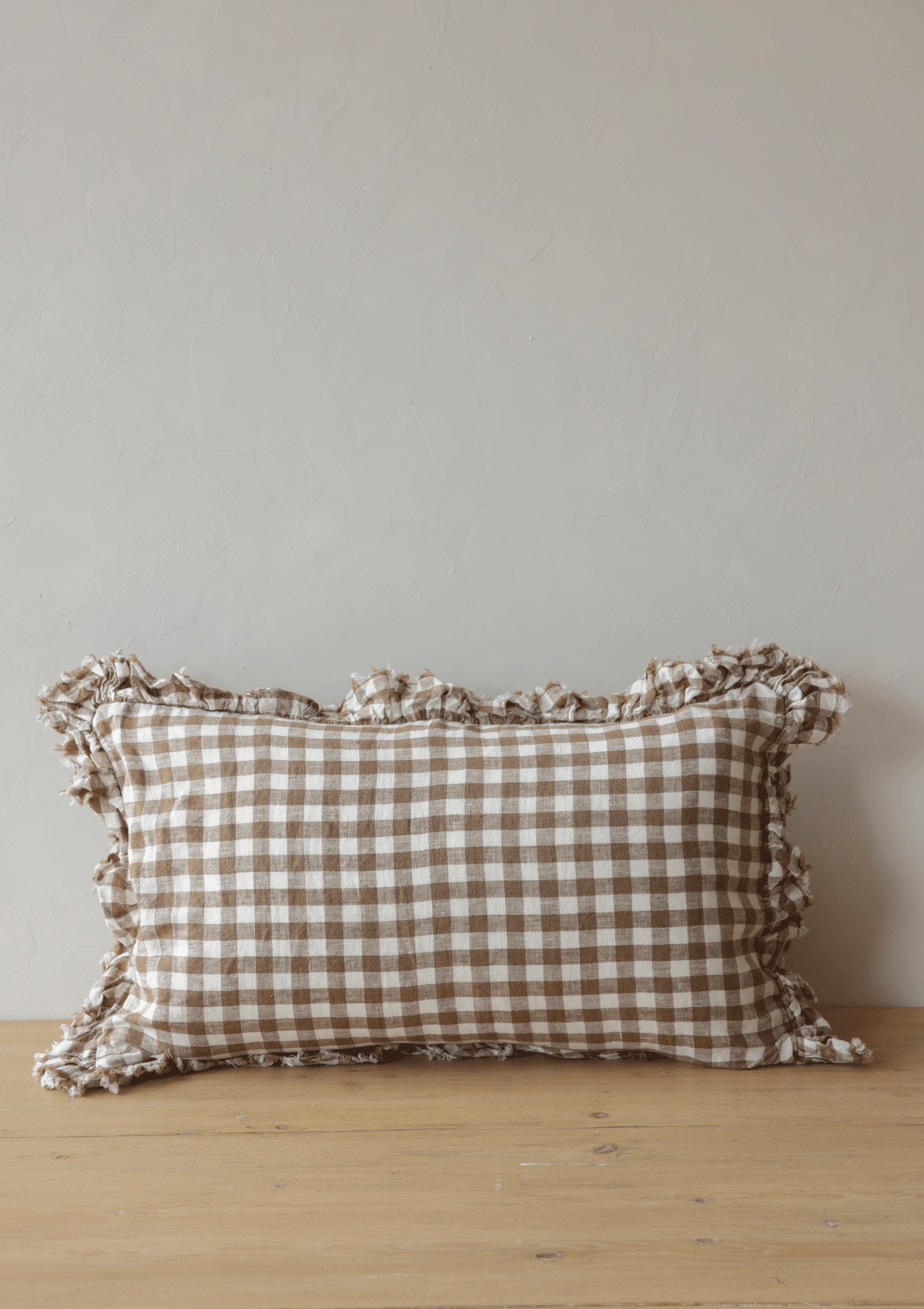 Cocoa Gingham Ruffle Linen Pillow Cover