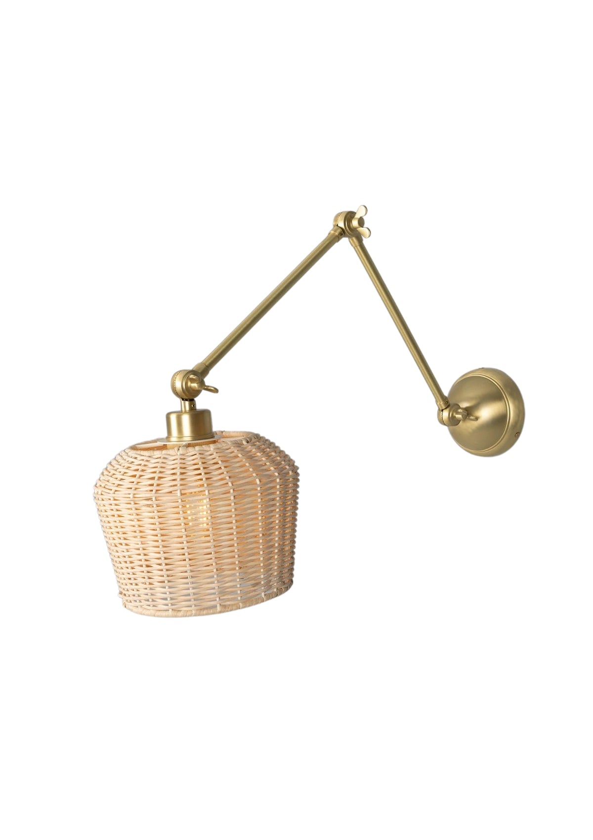Manila Adjustable Arm Wall Sconce with Small Rattan Shade – Satin Brass