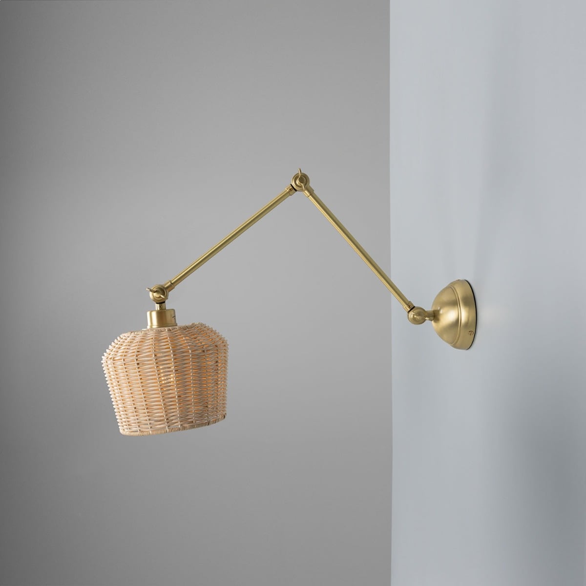 Manila Adjustable Arm Wall Sconce with Small Rattan Shade – Satin Brass