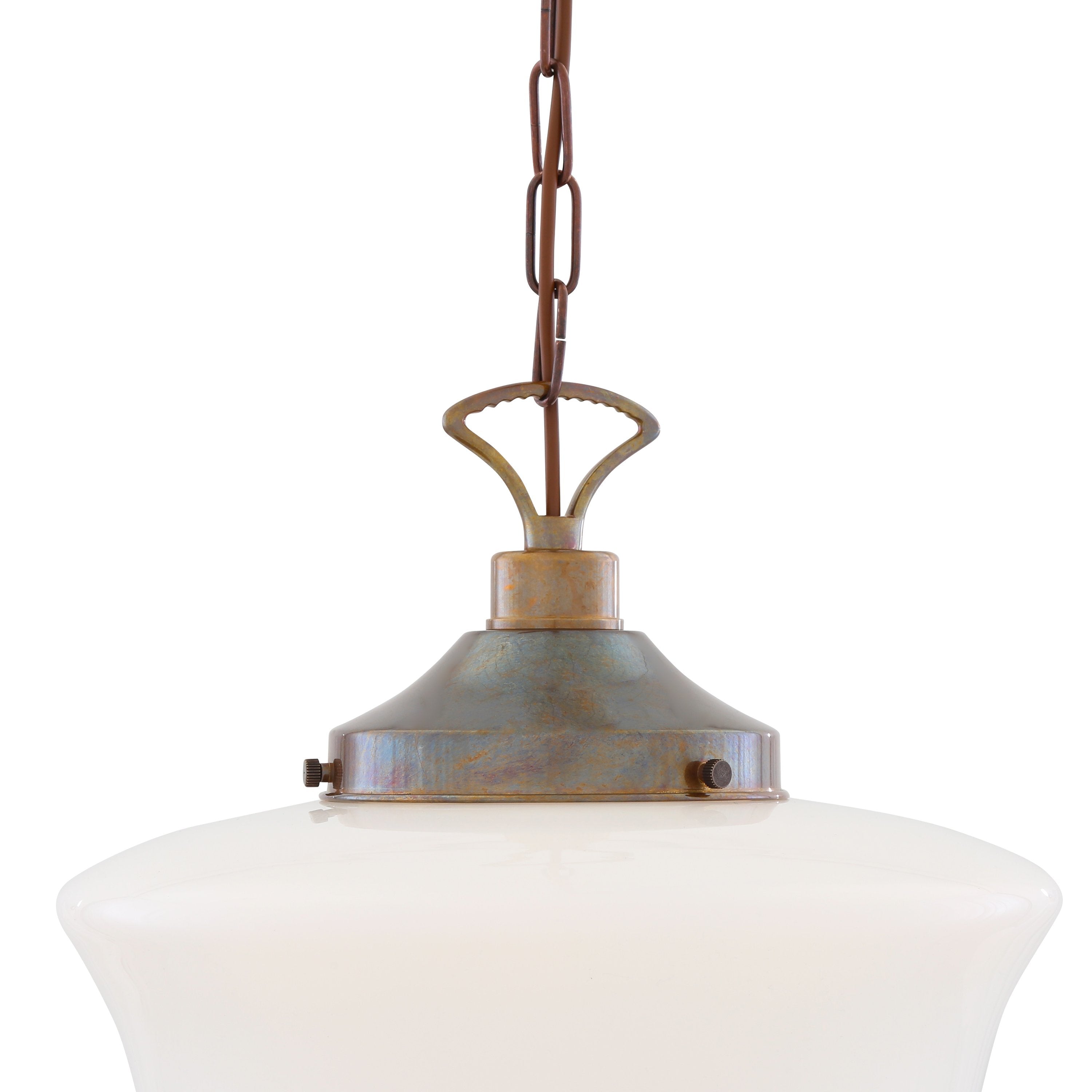 This opal glass and brass pendant light comes with 6 brass colour finishes.