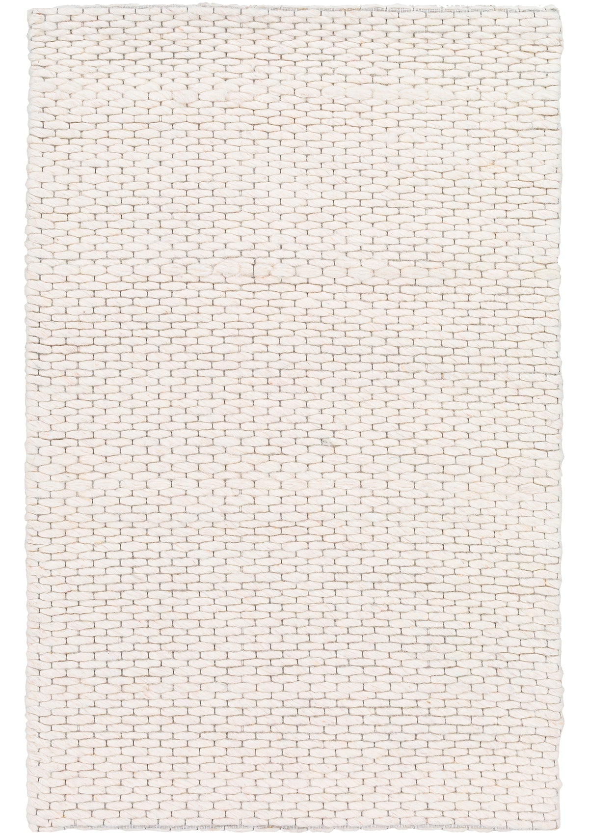 This wool rug is 0.4" thick and comes in off white and black tones.