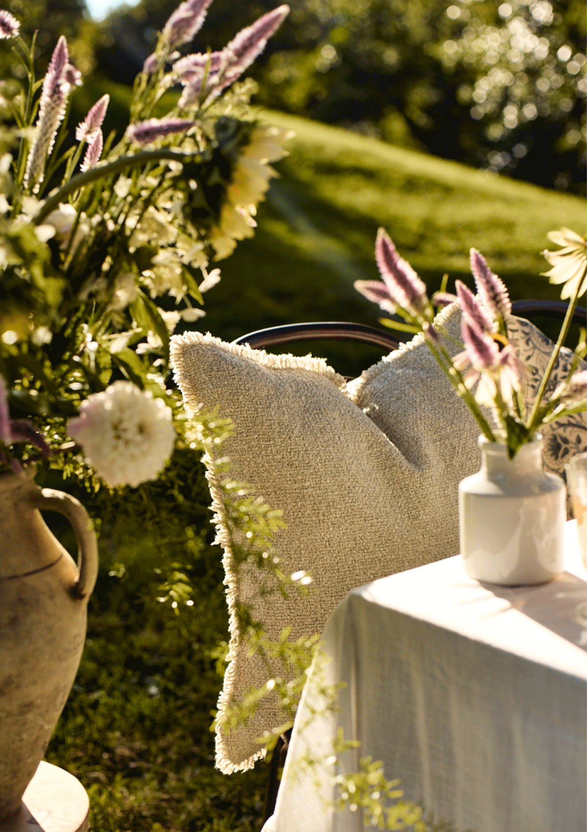 Fringed Boucle Pillow in Sage Grey