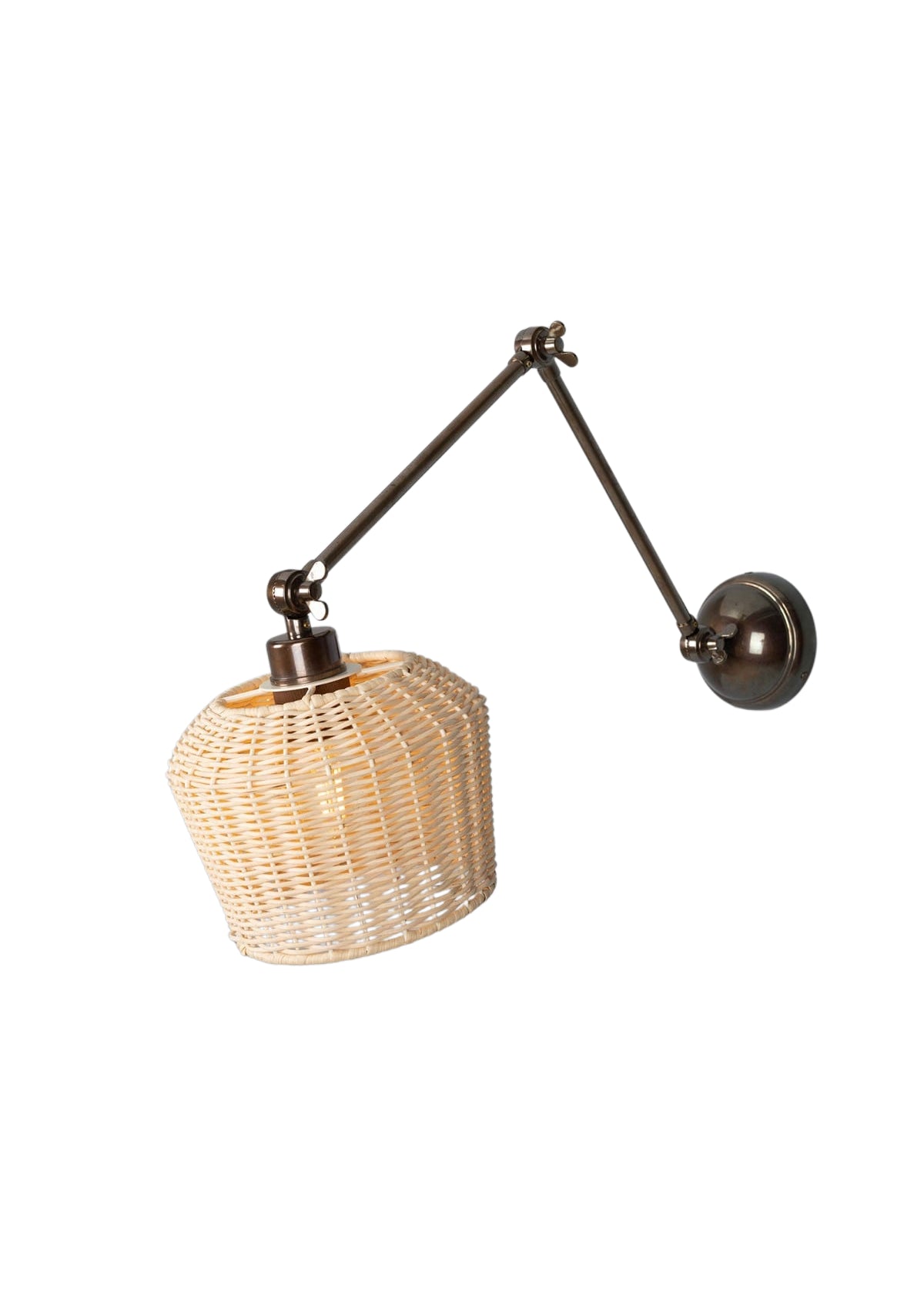 Manila Adjustable Arm Wall Sconce with Small Rattan Shade – Antique Brass