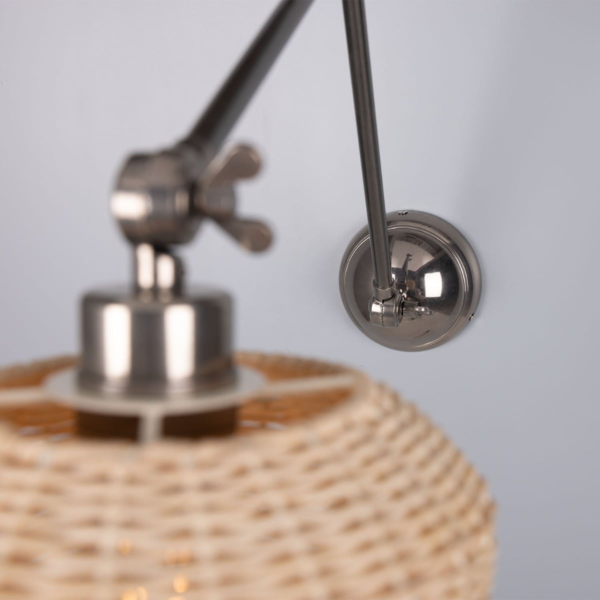 Manila Adjustable Arm Wall Sconce with Small Rattan Shade – Antique Silver