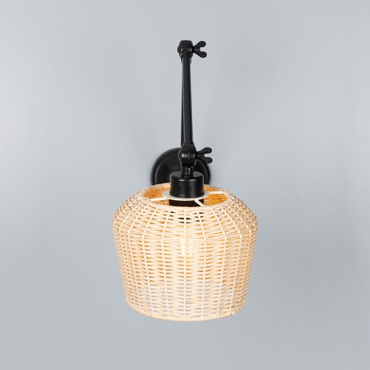 Manila Adjustable Arm Wall Sconce with Small Rattan Shade – Powder-Coated Matte Black