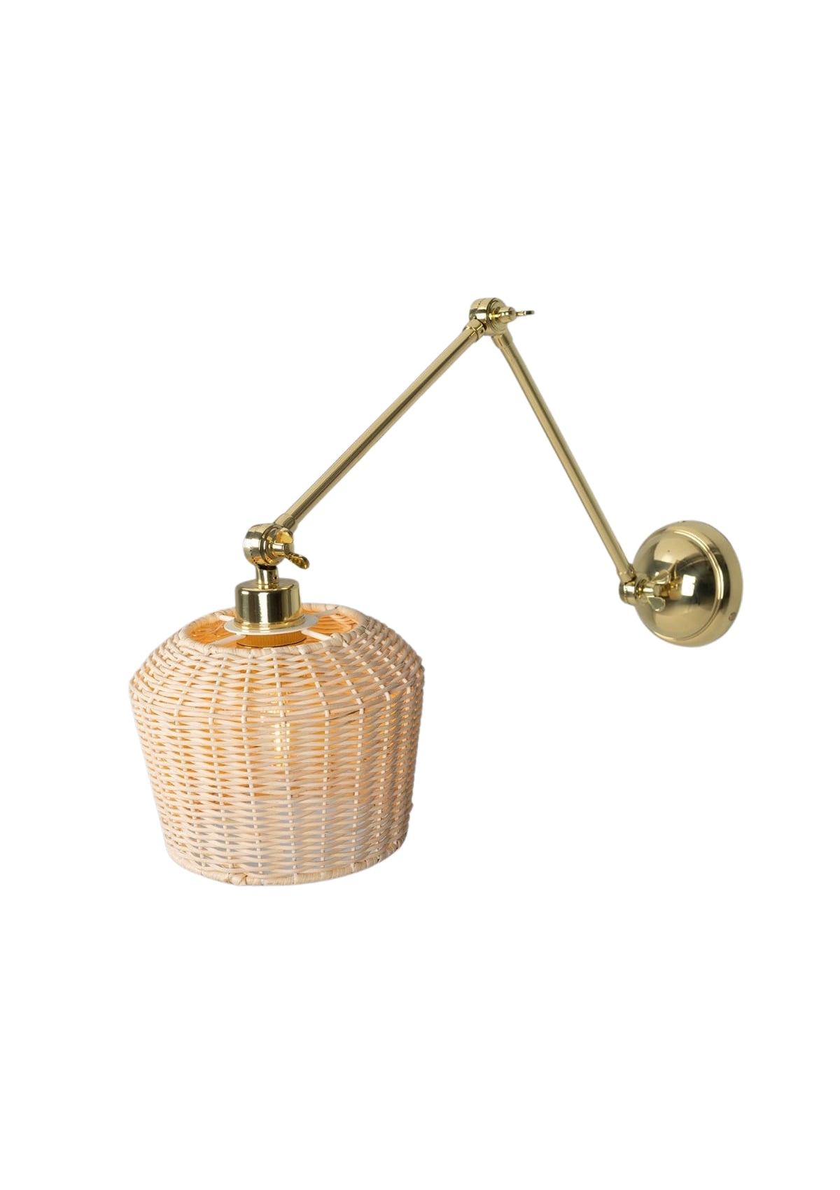Manila Adjustable Arm Wall Sconce with Small Rattan Shade – Polished Brass