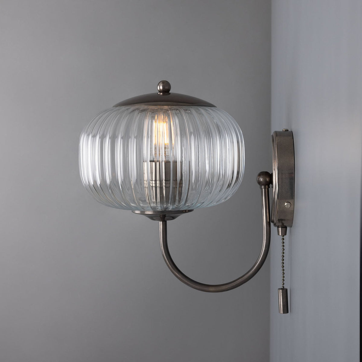 Nehir Reeded Glass Wall Sconce with Pull Switch – Antique Silver