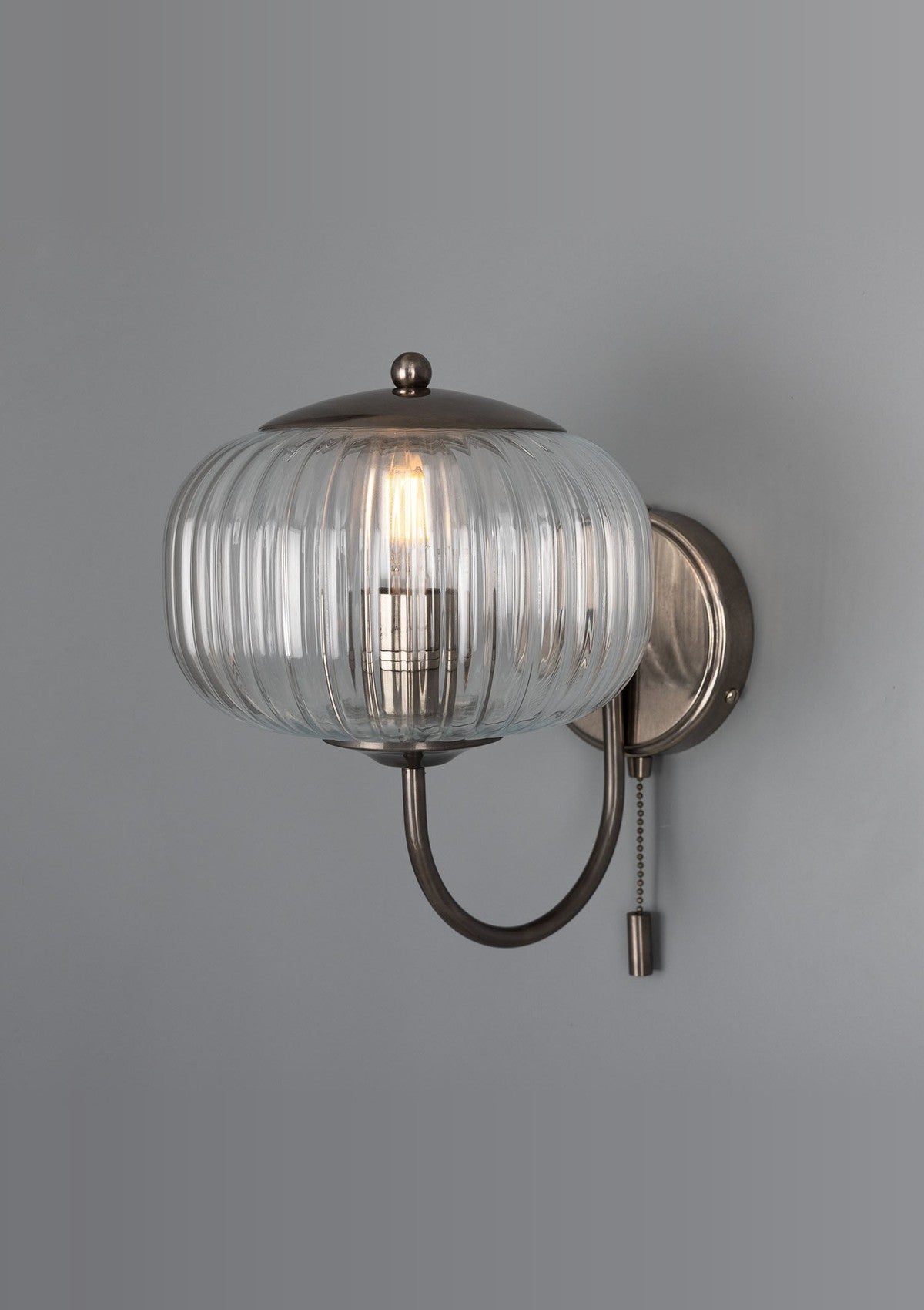 Nehir Reeded Glass Wall Sconce with Pull Switch – Antique Silver