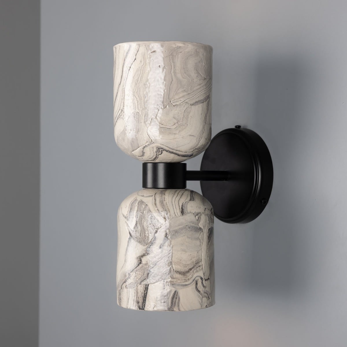 Sakura Marbled Ceramic and Brass Double Wall Sconce – Matte Black