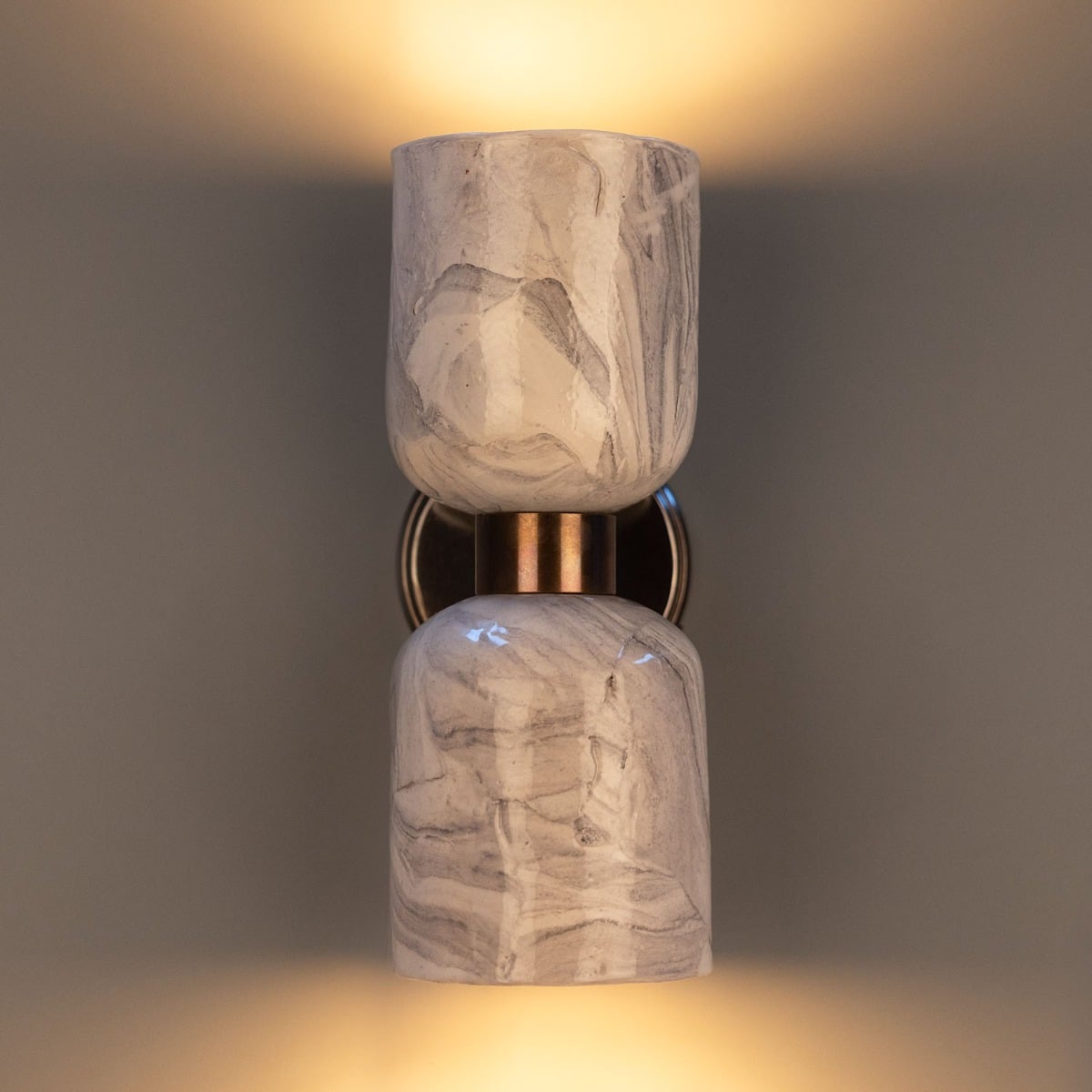 Sakura Marbled Ceramic and Brass Double Wall Sconce – Antique Brass