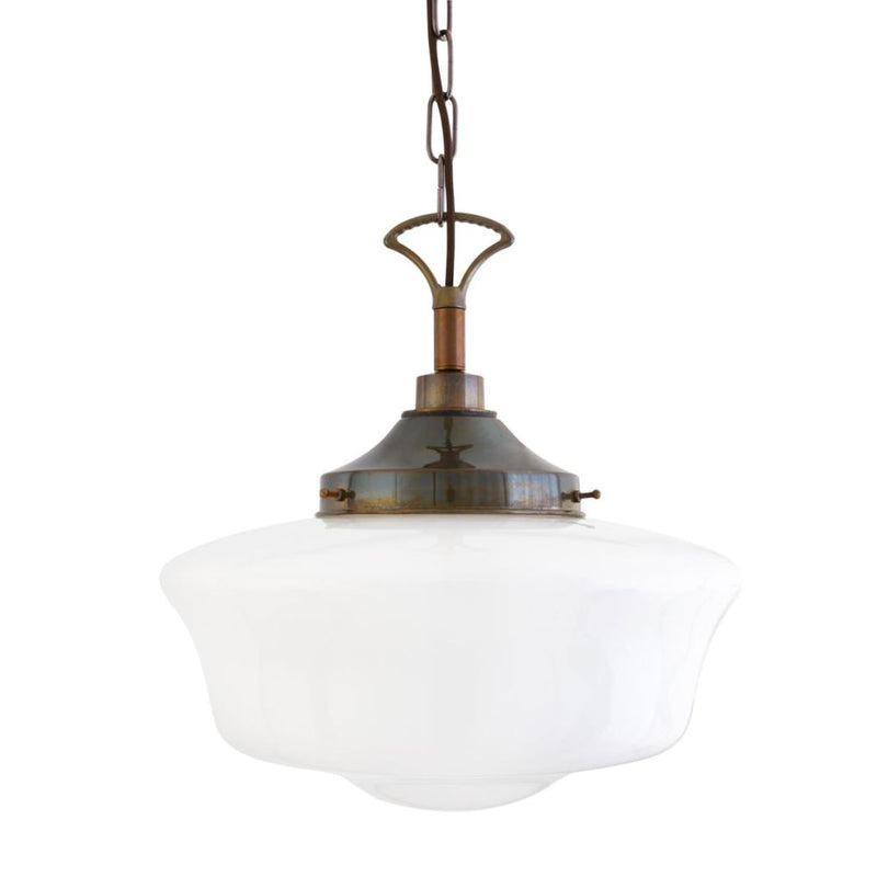The Anath Pendant light has a brass lamp holder and a long brass chain. 