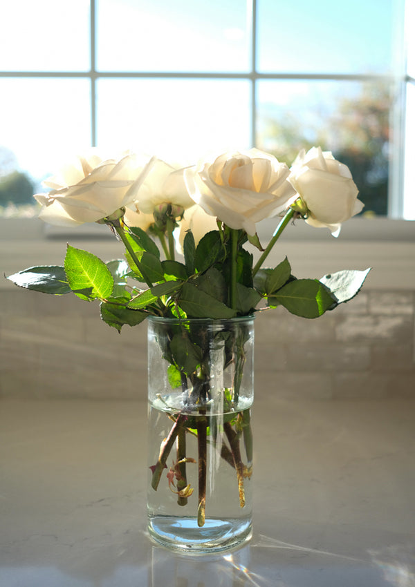The Aura vase is made from clear glass and has a sleek modern style.