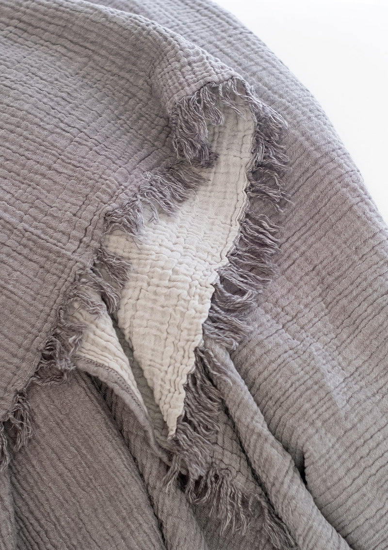 The Enes Cotton Throw in charcoal and grey has beautiful fringed ends.
