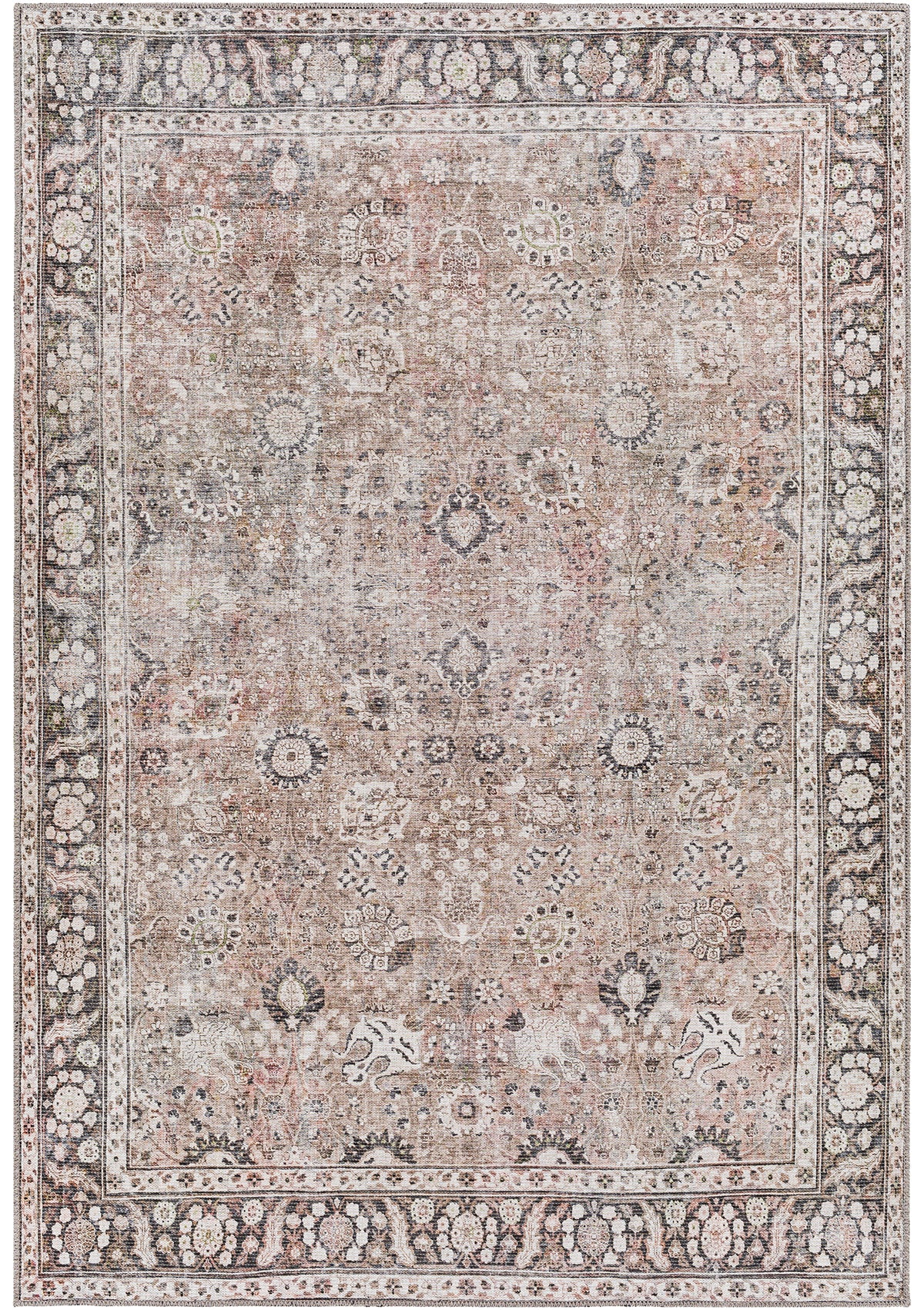 The Monet rug is made up of charcoal, black, tan, medium brown, and cream tones. 