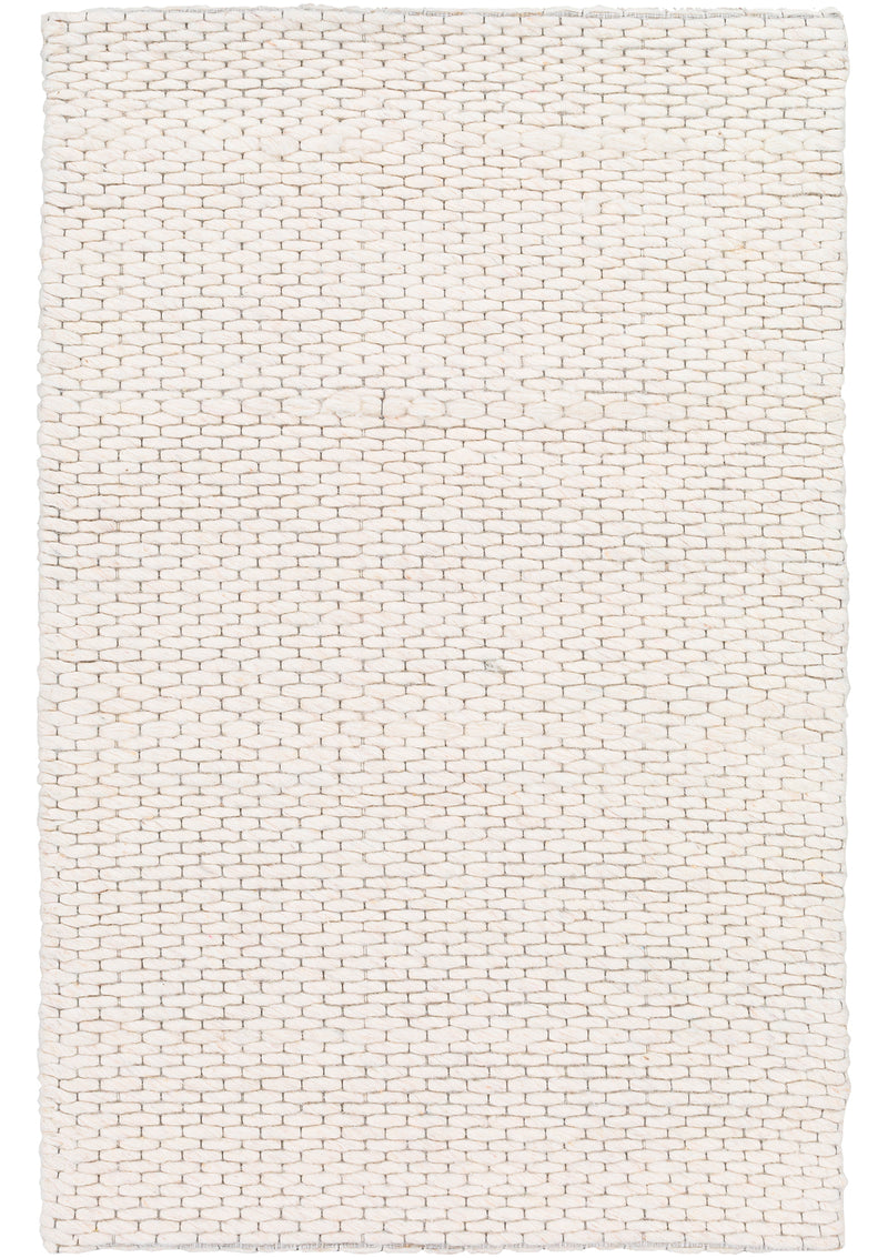 This wool rug is 0.4" thick and comes in off white and black tones. 